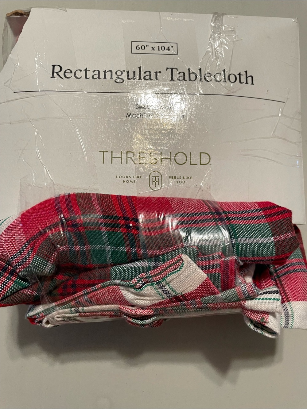 Threshold Red & Green Plaid Rectangular Tablecloth Damaged package